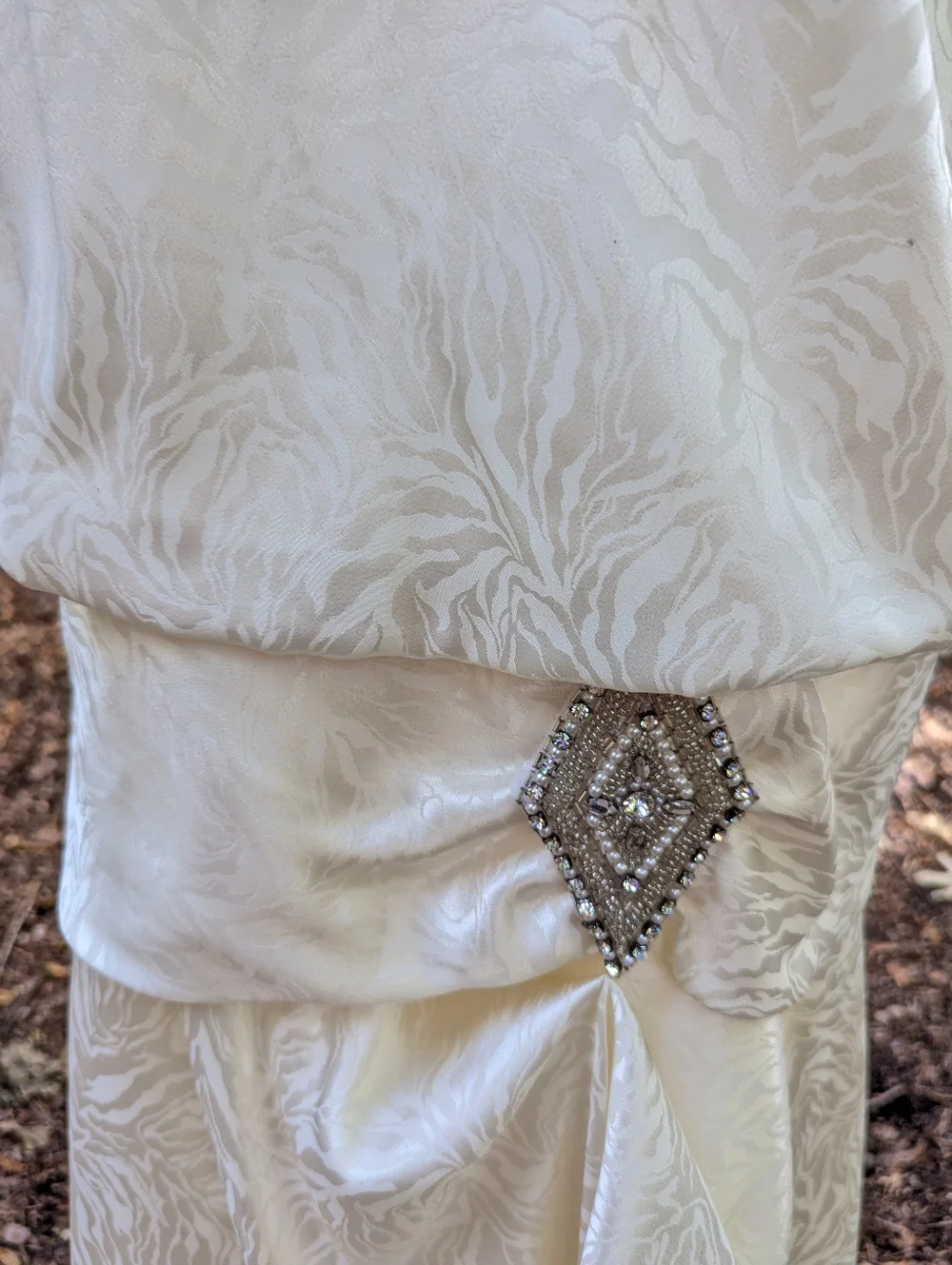 Vtg 80s Whimsigoth Bridal Shower Dress White Satin Jacquard Handkerchief Hem 12 - Picture 14 of 14